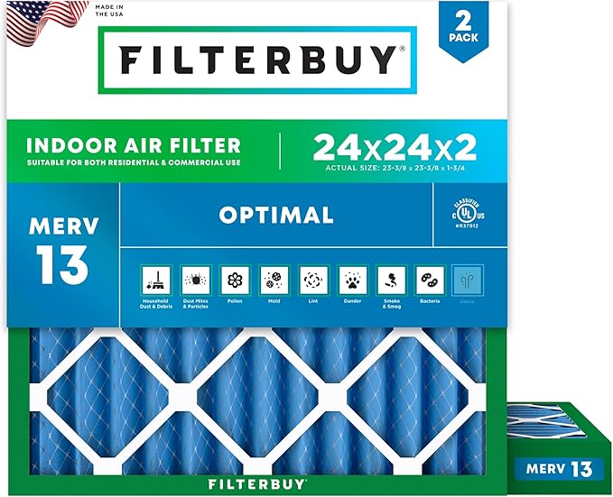 Filterbuy 24x24x2 Air Filter MERV 13 (MPR 1900) Health Defense Replacement (2-Pack), Electrostatic Pleated HVAC AC Furnace Filters, Made in USA (Actual Size: 23.38 x 23.38 x 1.75)