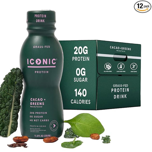 ICONIC Protein Shake, Cacao + Greens (12 Pack) – 20g Grass-Fed Protein Drink – Low Carb, Sugar Free, Keto Friendly – Lactose Free, High Protein Snack or Meal Replacement Shake-FlexoryFit