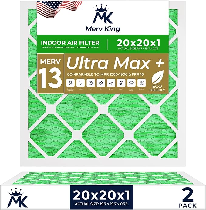 MervKing 20x20x1 Air Filter Actual Size: 19.7" x 19.7" x 0.75" MERV 13 MPR 1500-1900 | MADE IN USA | 2-Pack | Pleated HVAC AC Furnace Replacement