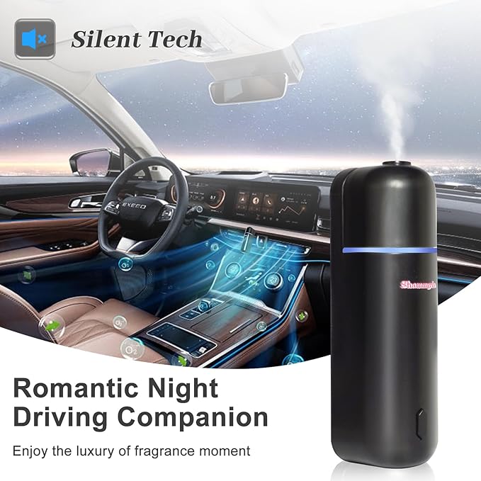 Car Air Freshener Diffuser, Motion Sensor Waterless Essential Oil Diffuser for Car USB Rechargeable Air Freshener with 6 Refill Scents（Hilton/Sandwood/WhiteTea/Diamond/GreenBamboo/Pachuli
