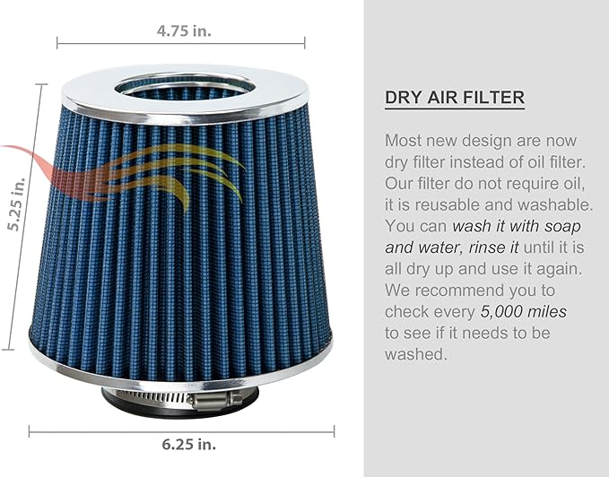 BLUE 3.5" 89 mm Inlet Narrow Cold Air Cone Replacement Performance Washable Clamp-On Dry Air Filter