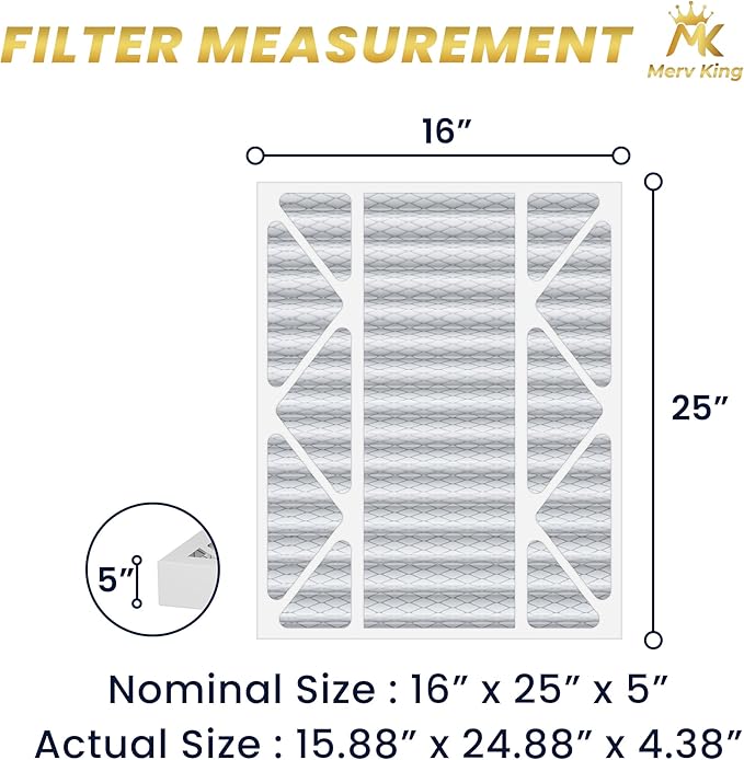 MervKing 16x25x5 Air Filter Actual Size: 15.88" x 24.88" x 4.38" MERV 8 MPR 600-700 | MADE IN USA | 4-Pack | Pleated HVAC AC Furnace Replacement