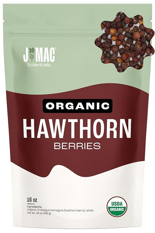 J Mac Botanicals, Organic Dried Hawthorn Berries Whole (16 oz) Hawthorn berry from Eastern Europe, certified Organic hawthorn berry tea, Hawthorne berries bulk resealable bag, Dried Hawthorn berries-FlexoryFit