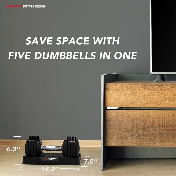 Keppi Adjustable Dumbbells Set-25lb/40lb/55lb/60lb, Anti-Slip Metal Fast Adjust Weight Handle, Exercise & Fitness for Full Body Workout - Adjustable Dumbbell Series-FlexoryFit