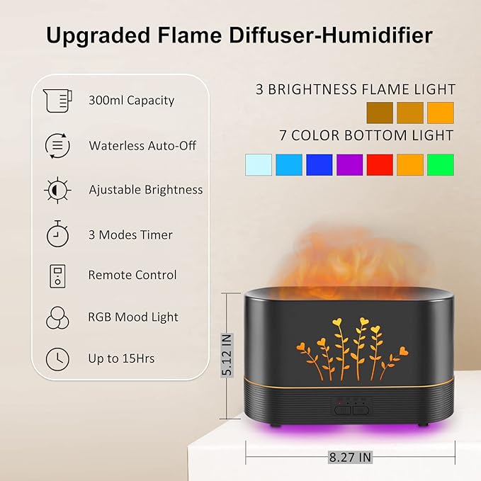 RGB Flame Diffusers for Essential Oils Large Room-Upgraded 300ML Aroma Diffuser Humidifier-Remote Control for Home Office Shop Gym