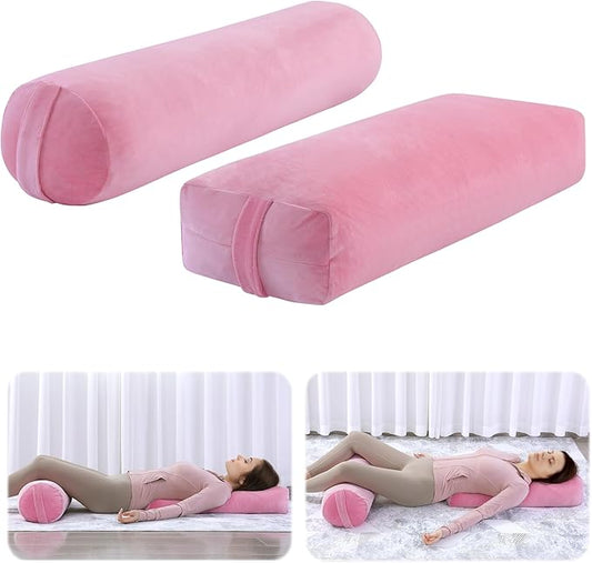ROYALAY 2 Pcs Yoga Bolster Pillow for Restorative Yoga, Rectangular and Cylinder Meditation Pillow Set with Carrying Handles, Supportive Cushion for Exercise Workout Stretching Meditation,Pink-FlexoryFit