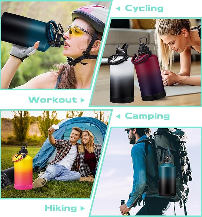 1 Gallon Insulated Water Bottle - with Straw & Auto Chug Lid, Paracord Handle, Bottle Sleeve, 128 oz Stainless Steel Water Bottle, Large Metal Gallon Water Jug Canteen for Sport Work-FlexoryFit