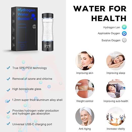 Hydrogen Water Bottle Generator with SPE/PEM Technology, Portable Hydrogen Water Ionizer Machine, Birthday,Xmas Gift for Family Friends Office Travel Sports (Black, 9.05*Φ2.63in)