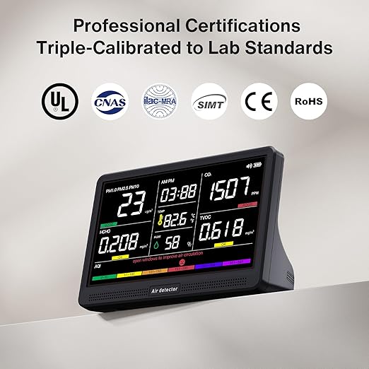bonoch 16 in 1 Air Quality Monitor Indoor 7" Display 9 AQI+7 AQI Alerts Air Quality Tester for CO2, TVOC, PM2.5 PM1.0 PM10, HCHO, Temperature Humidity AQI & Time, Air Quality Meter for Home-Black