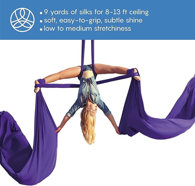 Aerial Silks Starter Kit - Durable 9 Yards of Aerial Yoga Hammock with Hardware & Guide - Aerial Swing for Acrobatic Flying Yoga & All Levels (Aerial Rigging Point Up to 13ft)-FlexoryFit