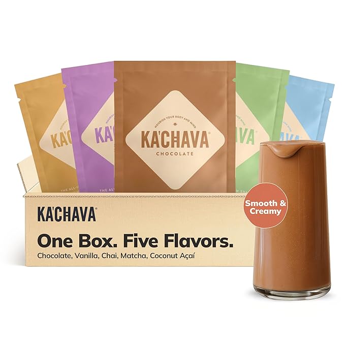 Ka’Chava All-In-One Nutrition Shake Blend, 5 Flavor Sample Pack, 5 Servings, 85+ Superfoods & Nutrients, Meal Replacement, Greens Plant-Based Superfood Powder Protein Drink, Digestive Enzymes & Probiotics, Vegan Dairy Gluten Free-FlexoryFit