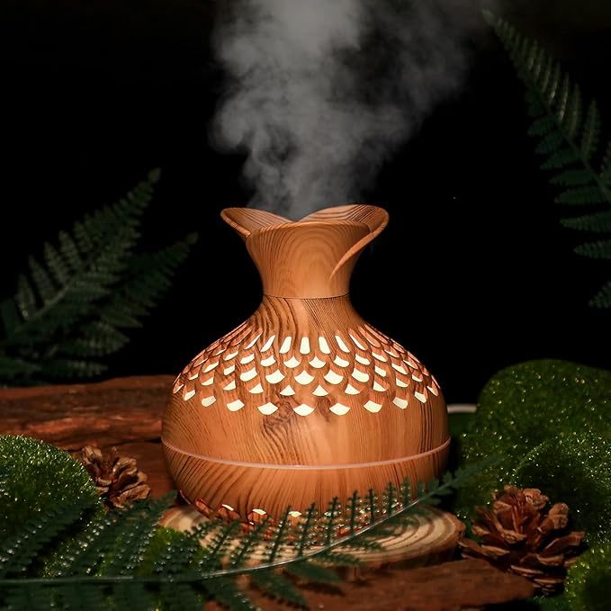 Portable Mini Humidifier, 300ml Small Humidifiers Wooden Vase Flower Aroma Diffuser, Quiet Cool Mist Humidification for Baby Bedroom Travel Office, USB Powered, Colorful Light, Lightwood
