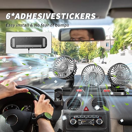 Portable 3-Head Car Cooling Fan - 2-Speed Adjustable, 360° Rotating USB Fan Powerful Airflow for Vehicles, RVs, and SUVs