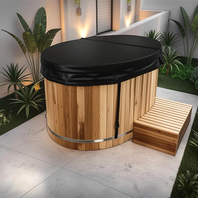 Premium 62-in. Oval Cedar Wood Cold Plunge and Hot Tub with Stainless Steel Interior, Wooden Step, Foldable Thick Cover, Headrest, and Barrel Hoop for Indoor and Outdoor Recovery Use – Tub Only