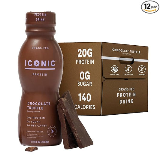 Iconic Protein Drinks, Chocolate Truffle (12 Pack) - Sugar Free & Low Carb - 20g Grass Fed Protein - Lactose Free, Gluten Free, Non-GMO, Kosher - Keto Friendly Protein Shakes-FlexoryFit