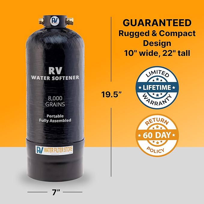 Essential RV Water Softener Portable 8,000 Grain, 3/4" Fittings, Softens Hard Water for RV's Vanlife Nomads Boondockers, New Lighter & Compact Model Easy Storage