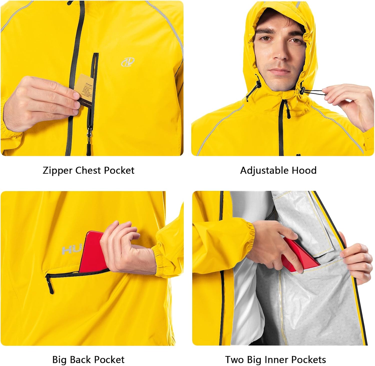Men's Cycling Running Rain Jacket Lightweight Waterproof Biking Hiking Windbreaker Raincoat Reflective Packable