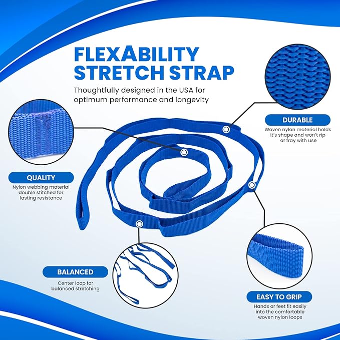 RangeMaster FlexAbility Static Stretch Strap | | Perfect for Yoga, Pilates, and Physical Therapy | Flexibility and Range of Motion Tool | Blue-FlexoryFit