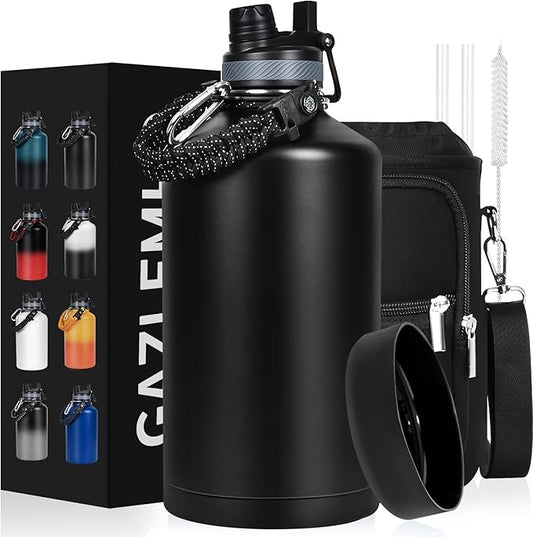 1 Gallon Water Bottle Insulated, Leak Proof 128 oz Stainless Steel Water Jug with Straw/Spout 2-in-1 Lid, Sleeve, Paracord Handle, Silicone Boot, One Gal Metal Canteen for Gym Sports Camping-FlexoryFit