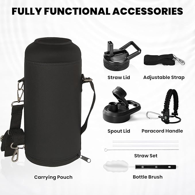 Insulated Water Bottle 87 oz, Triple Wall Vacuum Stainless Steel (Cold for 48 Hrs), Leak Proof & Non-BPA, Modern Water Flask Jug with Paracord Handle & Straw Spout Lids, Magic Black-FlexoryFit