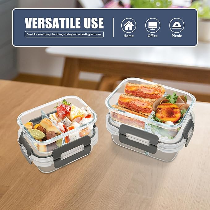 2 Compartment Glass Meal Prep Containers, 6 Pack Reusable Food Storage Containers with Lids, Lunch Containers for Adults, Portion Control, Airtight, Freezer to Microwave Safe(34oz+22oz)-FlexoryFit