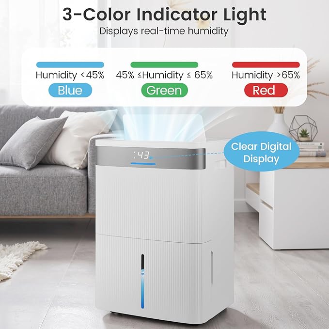 COSTWAY 4500 Sq.Ft Dehumidifier for Basement, Home Dehumidifier with Convenient Handle, 1.4 Gallon Tank, Auto Defrost, 24H Timer, 3-Color Indicator, Drain Hose & Wheels for Bathroom, Bedroom (74 pint)
