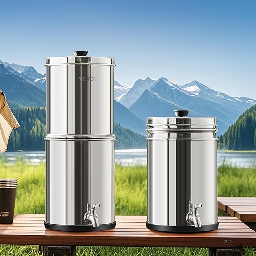 VEVOR Gravity-fed Water Filter System, 2.25G 304 Stainless-Steel Countertop System, Water Filtration System, Reduces Lead and up to 99% of Chlorine, with 2 Carbon Filters & Spigot, for Home Camping RV