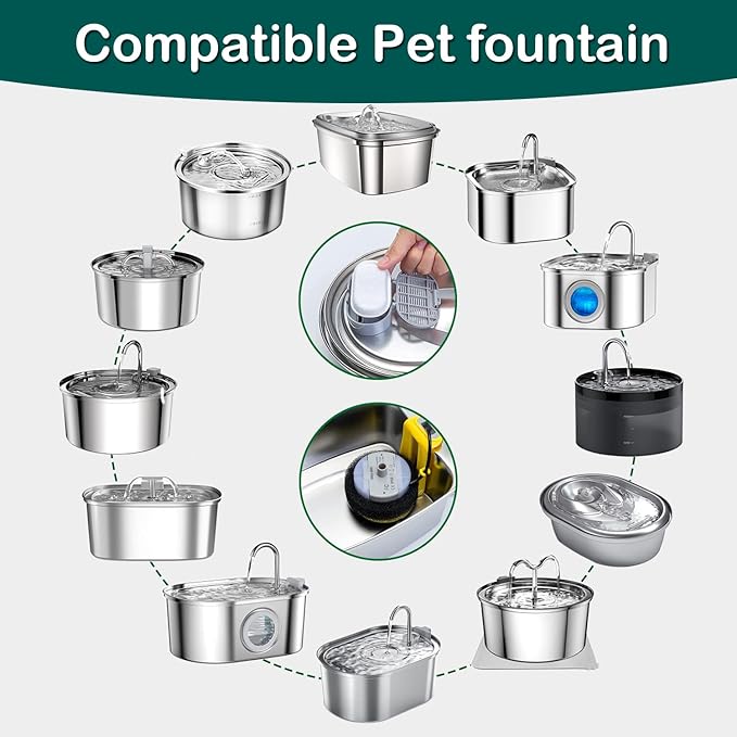 Cat Water Fountain Filter,8 Pack Cat Fountain Replacement Filters for Stainless Steel 67oz/2L Adjustable Water Flow Pet Water Fountain,Dog Water Fountain (4+4 Pack)