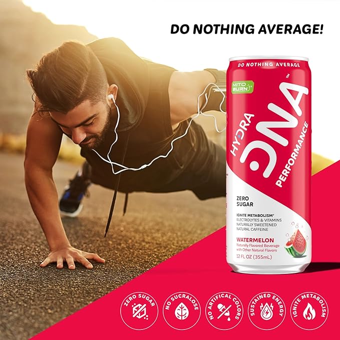 HYDRADNA- Clean Performance Drink, Zero Sugar | For Natural Fuel, Alertness, Boost, Stamina,120 mg Organic Caffeine, Natural Flavors, Zero Sucralose, Clean Ingredients (12 Pack) (12 Pack, Watermelon)-FlexoryFit