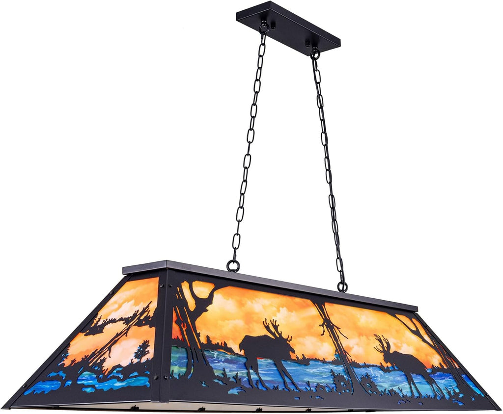 Wellmet Tiffany Pool Table Light 59 inch, 5 Lights Rustic Deer Chandelier for Kitchen Island, Cabin, Billiards Table Lamp, Farmhouse Chandelier for Country, Wild West Style