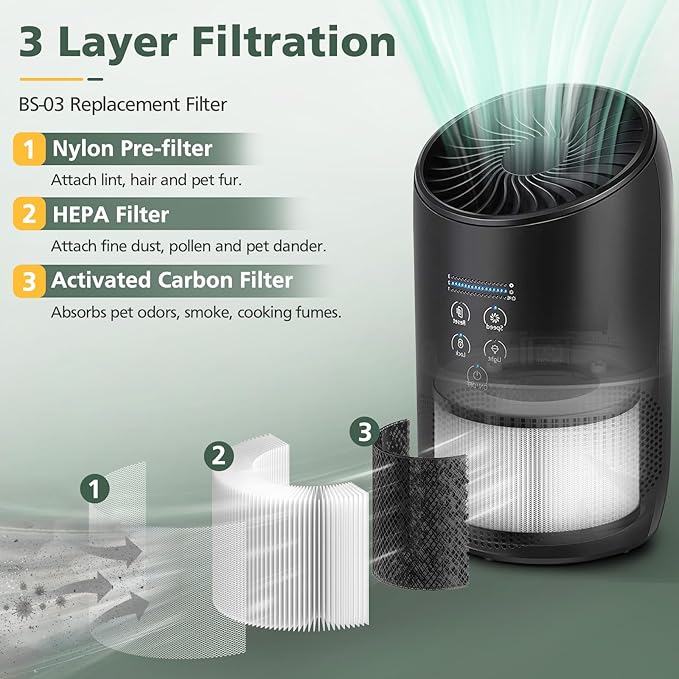 BS-03 HEPA Replacement Filter Compatible with PARTU and Slevoo BS-03 HEPA Air Purifier with 3-in-1 Filtration System, 2 Pack
