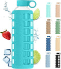 purifyou 40oz / 32oz / 22oz / 12oz Borosilicate Glass Water Bottle with Time & Volume Markers, Silicone Sleeve, Stainless Steel Lid | Reusable Glass Bottle for Water & Juice (32oz Aqua Blue)