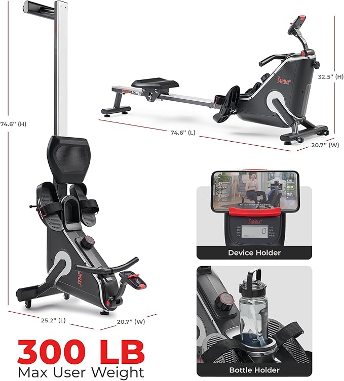 Sunny Health & Fitness Flip & Foldable Rowing Machine for Home w/Extended Slide Rail, Full-Body Workout, Low-Impact, Optional Extra Long Rail, Quiet Rail Cover, Water Motion and Free SunnyFit App-FlexoryFit