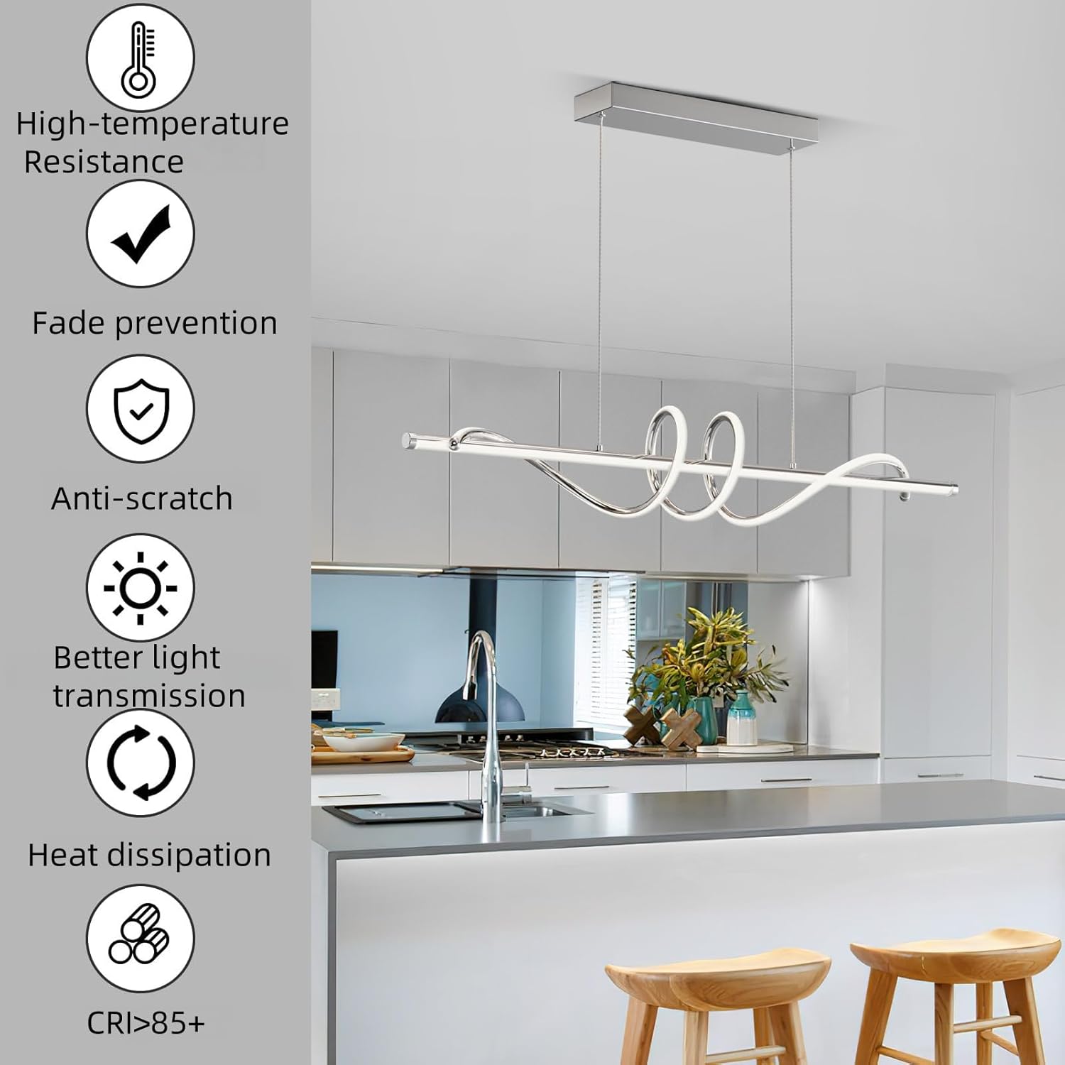 Modern LED Pendent Lights Kitchen Island,3000k-6000K Adjustable Color Dining Room Light Fixture,Dimmable with Remote Control Aluminum for Kitchen, Living, Dining,Bedroom(39in Chrome Silver