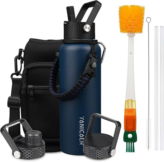 Insulated Water Bottle 64oz,Triple Wall Vacuum Stainless Steel(Dishwasher Safe),Leak Proof & Non-BPA,Flask Jug with Paracord Handle & Straw Spout Lids Sports-FlexoryFit