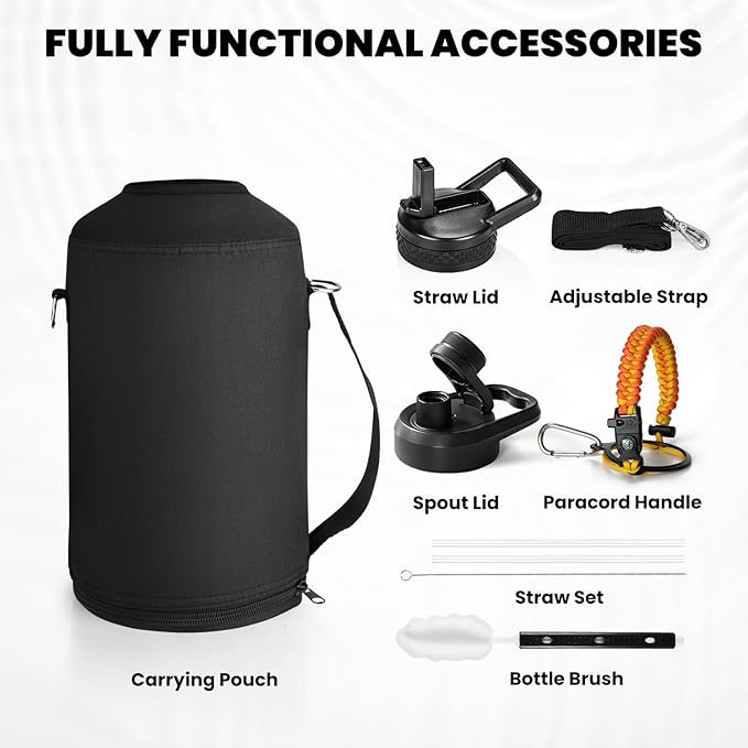 Insulated Water Bottle 64 oz, Triple Wall Vacuum Stainless Steel (Cold for 48 Hrs), Leak Proof & Non-BPA, Half Gallon Water Flask Jug with Paracord Handle & Straw Spout Lids, Ombre Orange-FlexoryFit