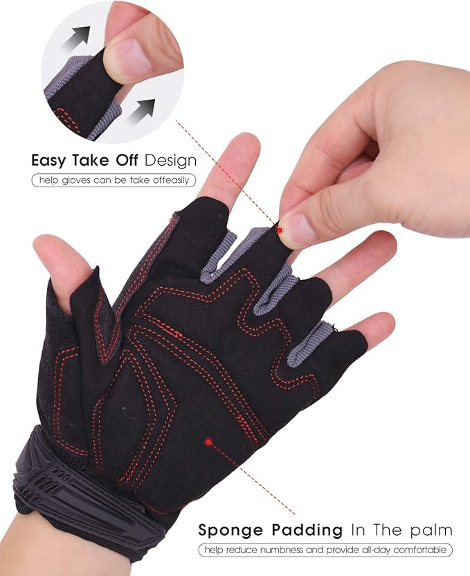 'HANDLANDY Fingerless Work Gloves for Men and Women Utility Padded Half Finger Driving Working Gloves (Small, Red)-FlexoryFit