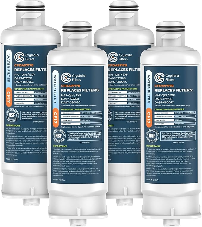 Crystala Filters CFDA9717B Replacement for DA97-17376B Water Filter, NSF 42 Compatible with Samsung HAF-QIN, HAF-QIN/EXP, DA97-08006C, RF23M8070SG, RF23M8070SR, RF23M8090SG, RF23M8570SR (4 Pack)