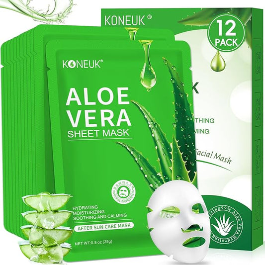 12 Pack Aloe Vera Face Masks Skincare, Sheet Aloe Hydrating Face Mask for Sunburn Relief and After Sun Care, Bulk Aloe Vera Face Mask for Spa Party Gifts-FlexoryFit