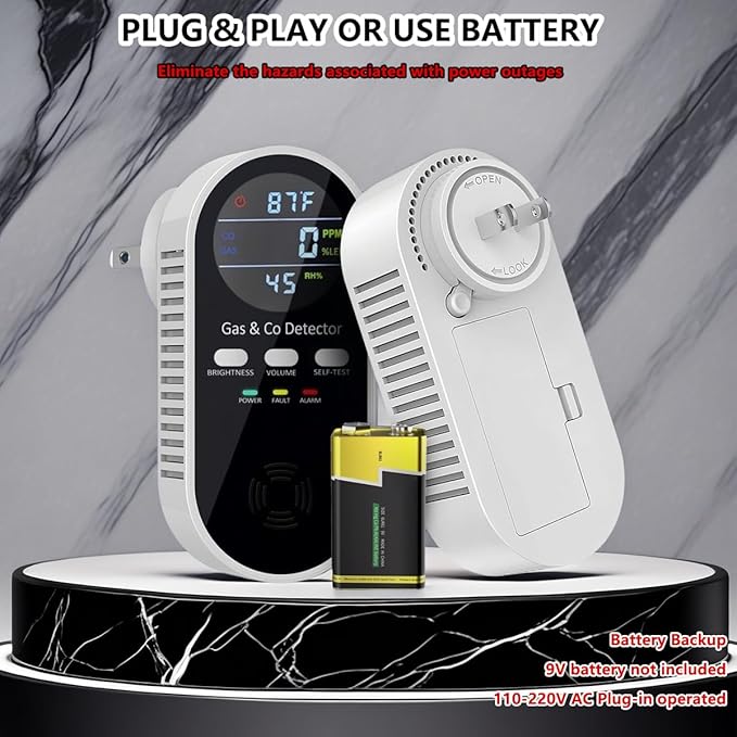 5 in 1 Carbon Monoxide Detector & Natural Gas Detector with Temperature Humidity Display，Battery Backup for Plug-in Co Detector and Combination Gas Suitable for Home/Hotel/Travel - 2Pcs