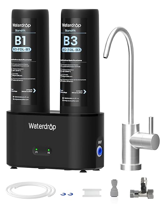 Waterdrop DLB Under Sink Water Filter, Reduces Chloramine, Chlorine, Bad Taste/Odor, Under Sink Water Filtration System with Separate Faucet,Water Filter for Sink Faucet,Life Indicator, Quick Change
