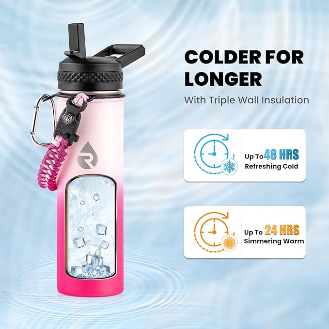 Insulated Water Bottle 20 oz, Triple Wall Vacuum Stainless Steel (Cold for 48 Hrs), Leak Proof & Non-BPA, Kids Water Bottle Jug for School with Straw Spout Lids, Ombre Pink-FlexoryFit