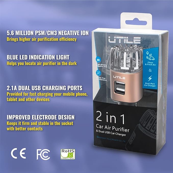 UTILE Car Ionizer Odor Eliminator Purifier with Dual USB Car Charger – Ionic Air Freshener| 2.1A/0.8W USB Charging for Phone, Tablet and Other Devices (Copper, Pack of 1)