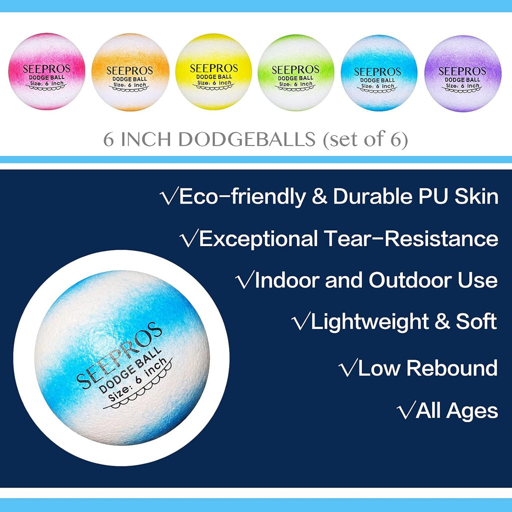 Foam Dodgeball Set - Soft Skin, Low Bounce, Dream Rainbow Color, Perfect for Outdoor, Backyard Games - Set of 6 with Mesh Storage Bag for Kids and Adults Playground Balls