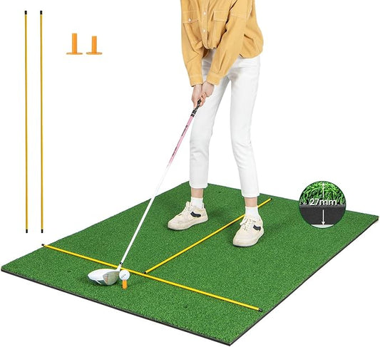 Tangkula Golf Hitting Mat, Artificial Turf Mat for Indoor/Outdoor Golf Practice Includes 2 Rubber Tees & 2 Alignment Sticks, Golf Training Mat for Home Backyard Garage
