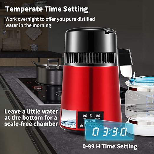 VEVOR 1.1Gal Water Distiller, 0.3Gal/H, Distilled Water Maker Machine 750W 0-99H Timing Dual Temp Display, 304 Stainless Steel Countertop Distiller Glass Carafe Cleaning Powder 3 Carbon Packs, Red