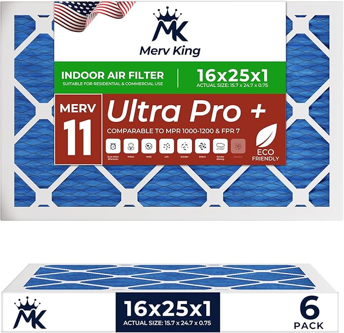 MervKing 16x25x1 Air Filter Actual Size: 15.7" x 24.7" x 0.75" MERV 11 MPR 1000-1200 | MADE IN USA | 6-Pack | Pleated HVAC AC Furnace Replacement
