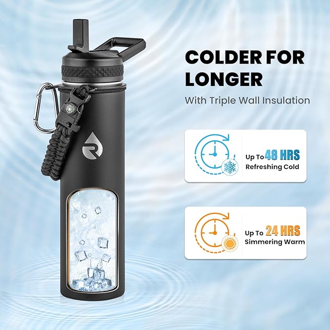 Insulated Water Bottle 24oz, Triple Wall Vacuum Stainless Steel (Cold for 48 Hrs, Hot for 24Hrs), Leak Proof & Non-BPA, 24oz Hydro Water Flask with Paracord Handle & Straw Spout Lids-FlexoryFit