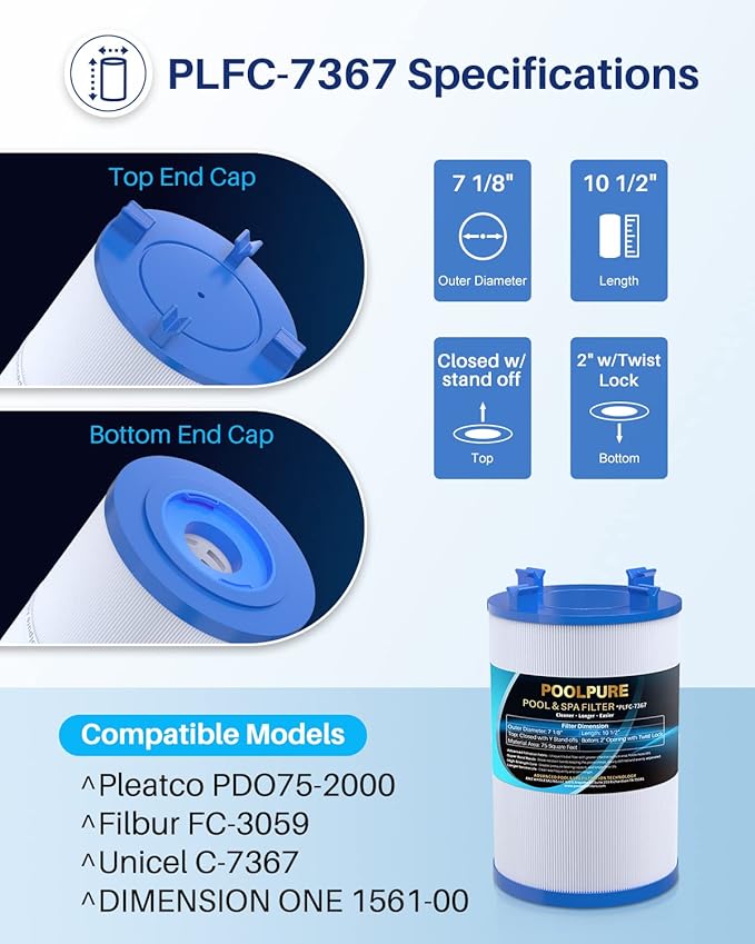 POOLPURE C-7367 Spa Filter Replaces PD075-2000, Dimension One 1561-00, Filbur FC-3059, Excel Filters XLS-7005, Aladdin 17541, Baleen AK-60035, 75 sqft Hot Tub Filter Cartridge 2PACK