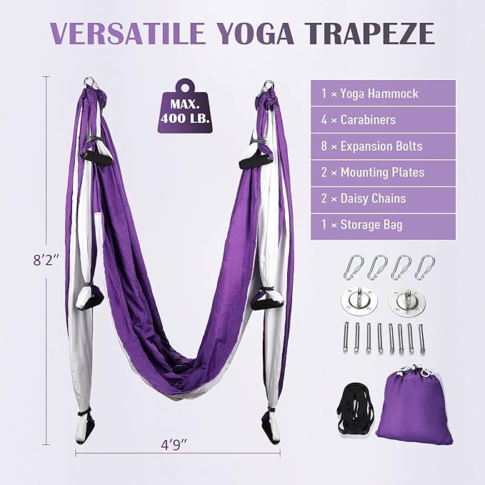 ZELUS Aerial Yoga Swing Sling Strong Yoga Hammock Kit Set Trapeze Inversion Equipment Include 2 Extensions Straps and Ceiling Mounting Kit-FlexoryFit
